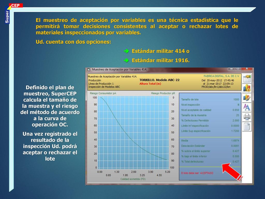 El muestreo de aceptación por variables es una técnica estadística que le permitirá tomar decisiones consistentes al aceptar o rechazar lotes de materiales inspeccionados por variables.