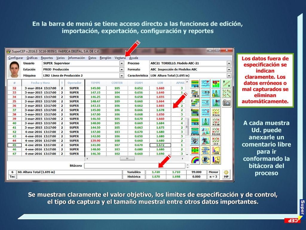 En la barra de menú se tiene acceso directo a las funciones de edición, importación, exportación, configuración y reportes