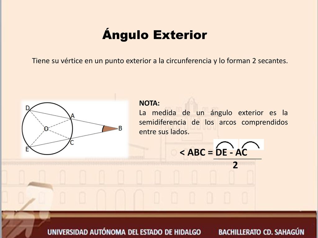 Ángulo Exterior < ABC = DE - AC 2