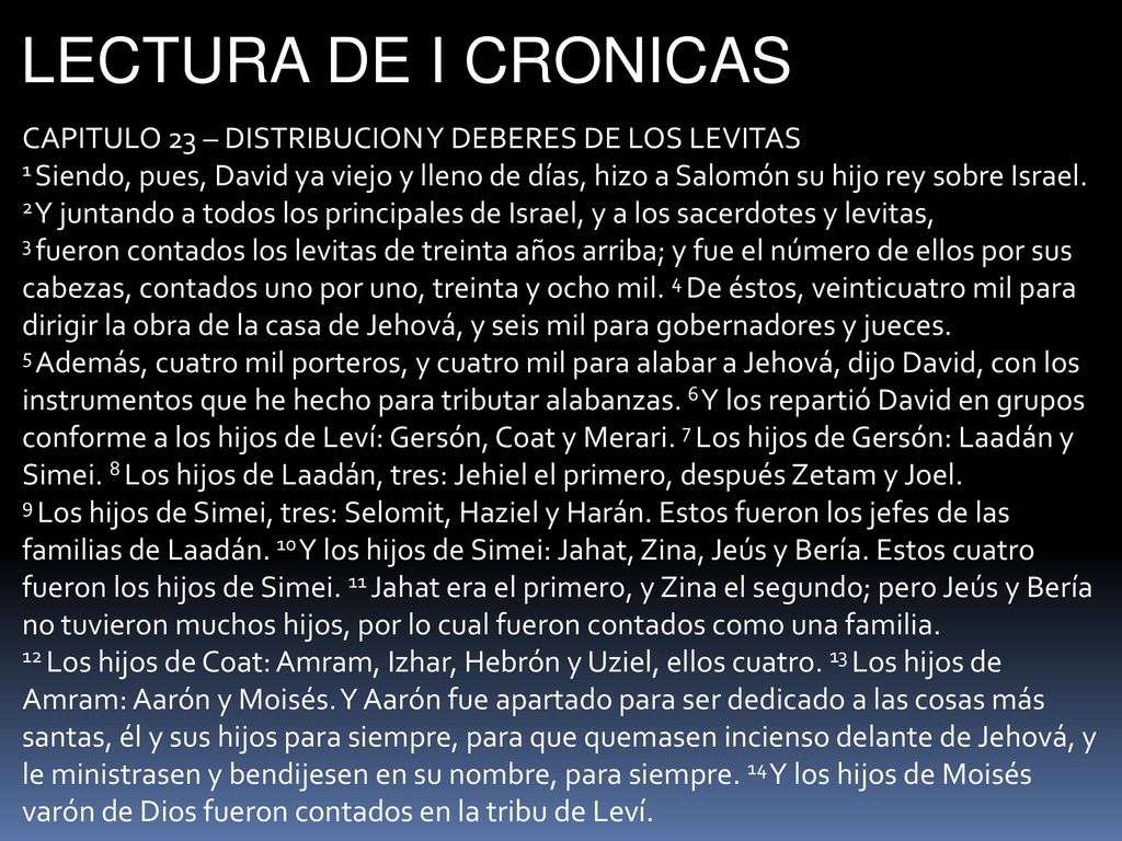 LECTURA DE I CRONICAS CAPITULO 23 – DISTRIBUCION Y DEBERES DE LOS LEVITAS.