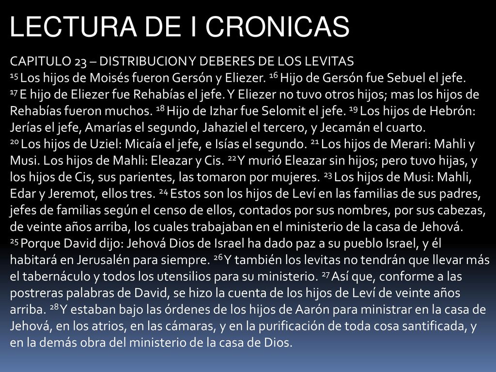 LECTURA DE I CRONICAS CAPITULO 23 – DISTRIBUCION Y DEBERES DE LOS LEVITAS.