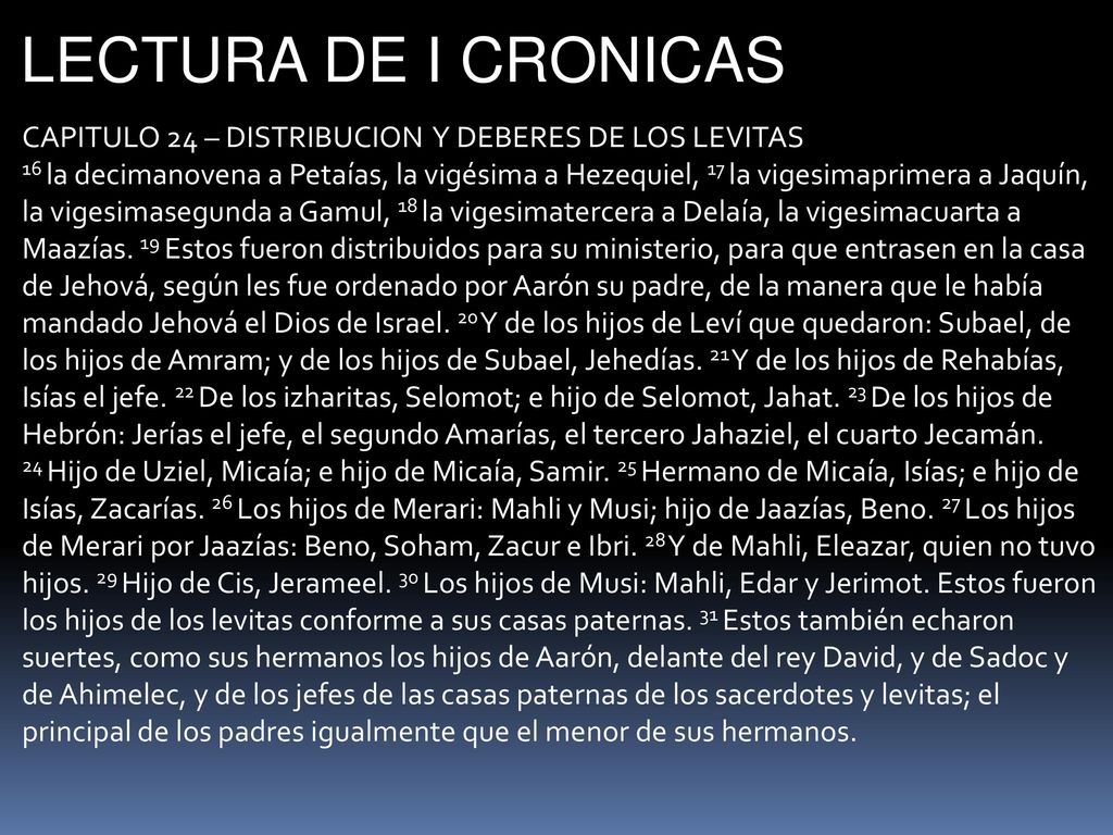 LECTURA DE I CRONICAS CAPITULO 24 – DISTRIBUCION Y DEBERES DE LOS LEVITAS.