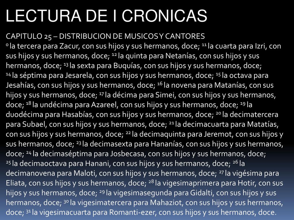 LECTURA DE I CRONICAS CAPITULO 25 – DISTRIBUCION DE MUSICOS Y CANTORES