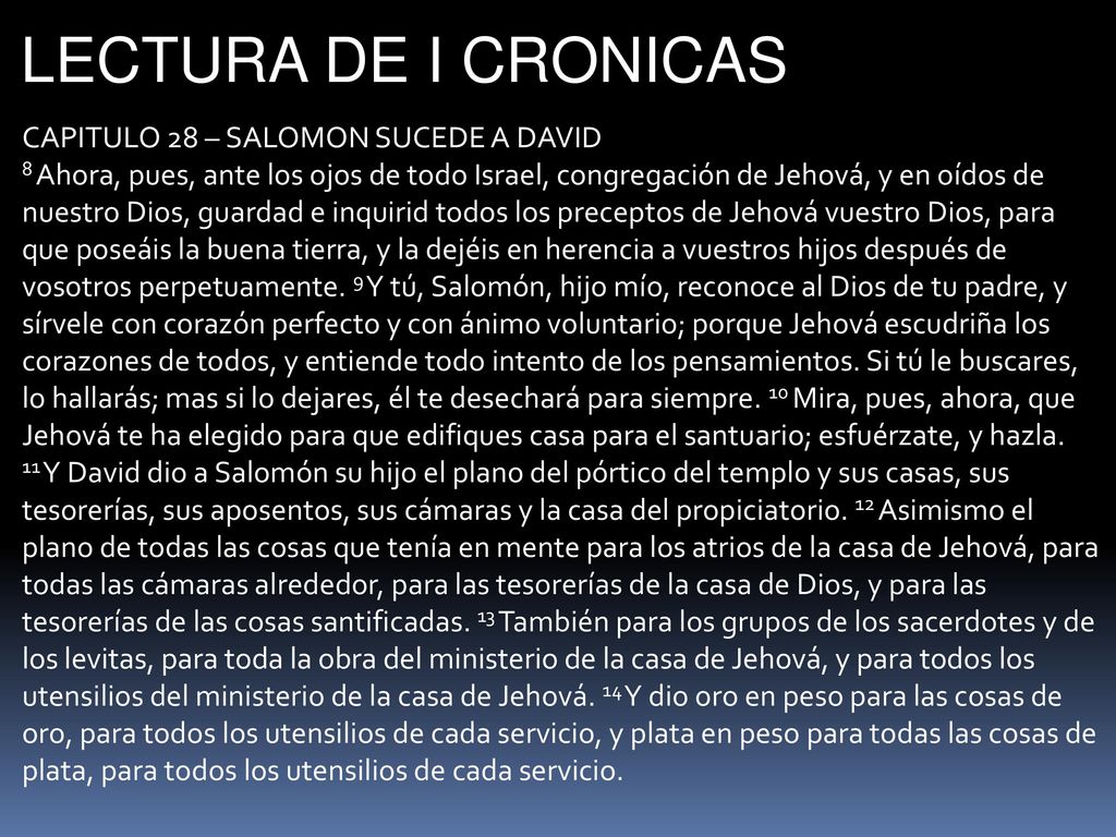 LECTURA DE I CRONICAS CAPITULO 28 – SALOMON SUCEDE A DAVID