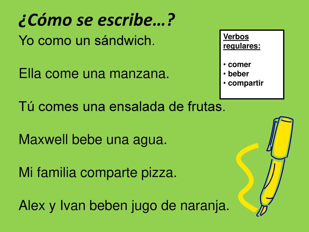 ¿Cómo se escribe… Yo como un sándwich. Ella come una manzana.