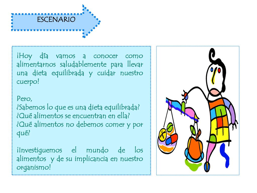 ESCENARIO ¡Hoy día vamos a conocer como alimentarnos saludablemente para llevar una dieta equilibrada y cuidar nuestro cuerpo!