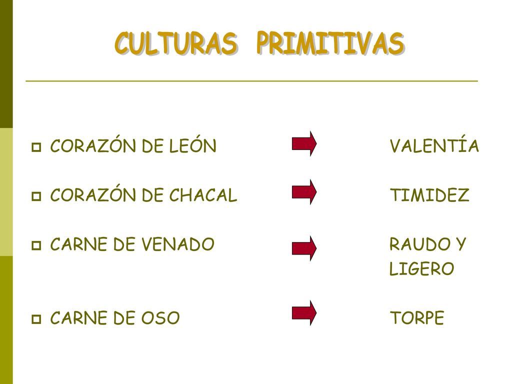 CULTURAS PRIMITIVAS CORAZÓN DE LEÓN VALENTÍA. CORAZÓN DE CHACAL TIMIDEZ. CARNE DE VENADO RAUDO Y.