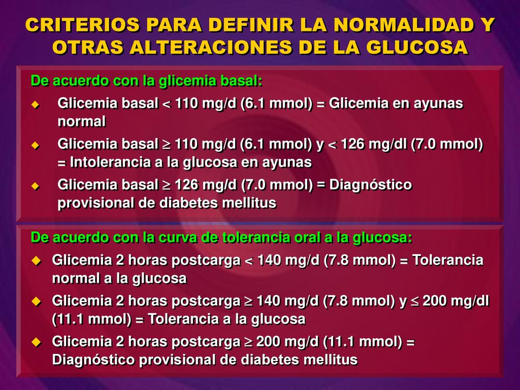 CRITERIOS PARA DEFINIR LA NORMALIDAD Y OTRAS ALTERACIONES DE LA GLUCOSA