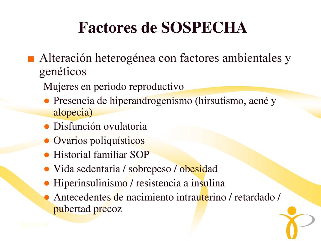 Factores de SOSPECHA Alteración heterogénea con factores ambientales y genéticos. Mujeres en periodo reproductivo.