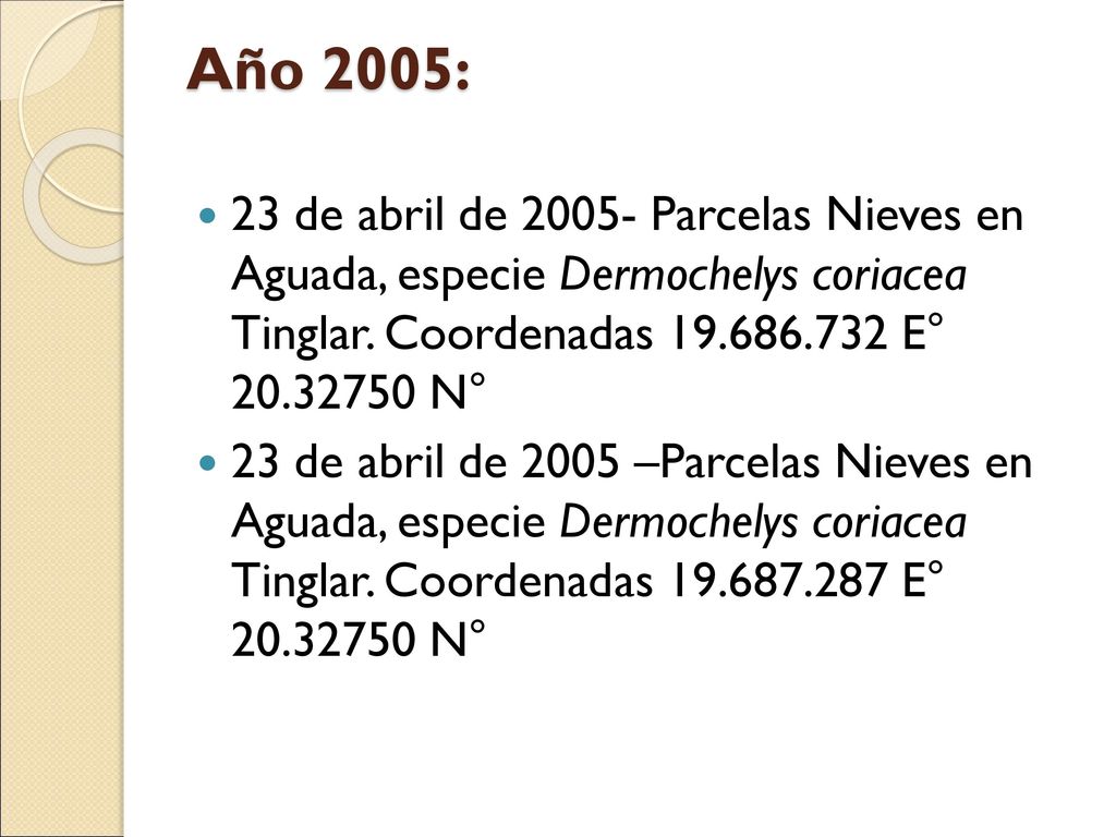 Año 2005: 23 de abril de Parcelas Nieves en Aguada, especie Dermochelys coriacea Tinglar. Coordenadas E° N°