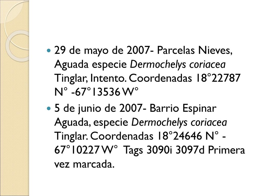 29 de mayo de Parcelas Nieves, Aguada especie Dermochelys coriacea Tinglar, Intento. Coordenadas 18°22787 N° -67°13536 W°