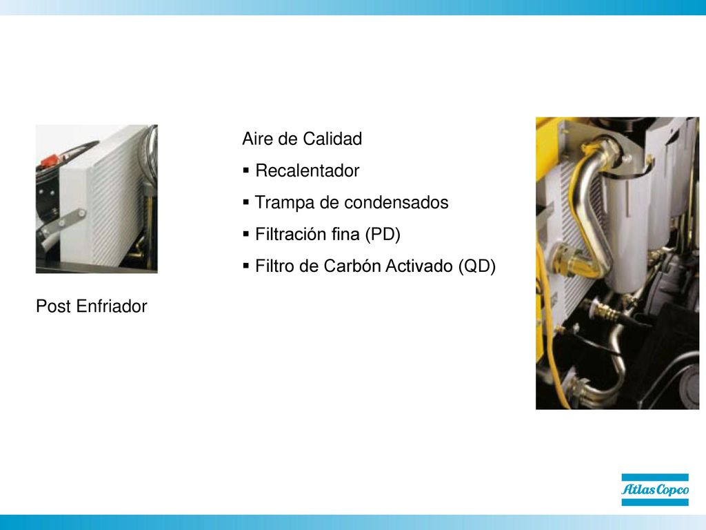 Aire de Calidad Recalentador. Trampa de condensados. Filtración fina (PD) Filtro de Carbón Activado (QD)
