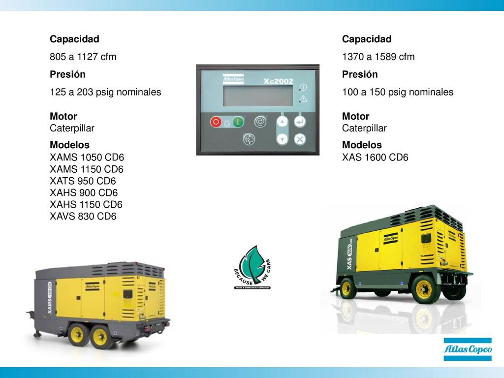 Capacidad 805 a 1127 cfm. Presión. 125 a 203 psig nominales. Motor. Caterpillar. Modelos. XAMS 1050 CD6.