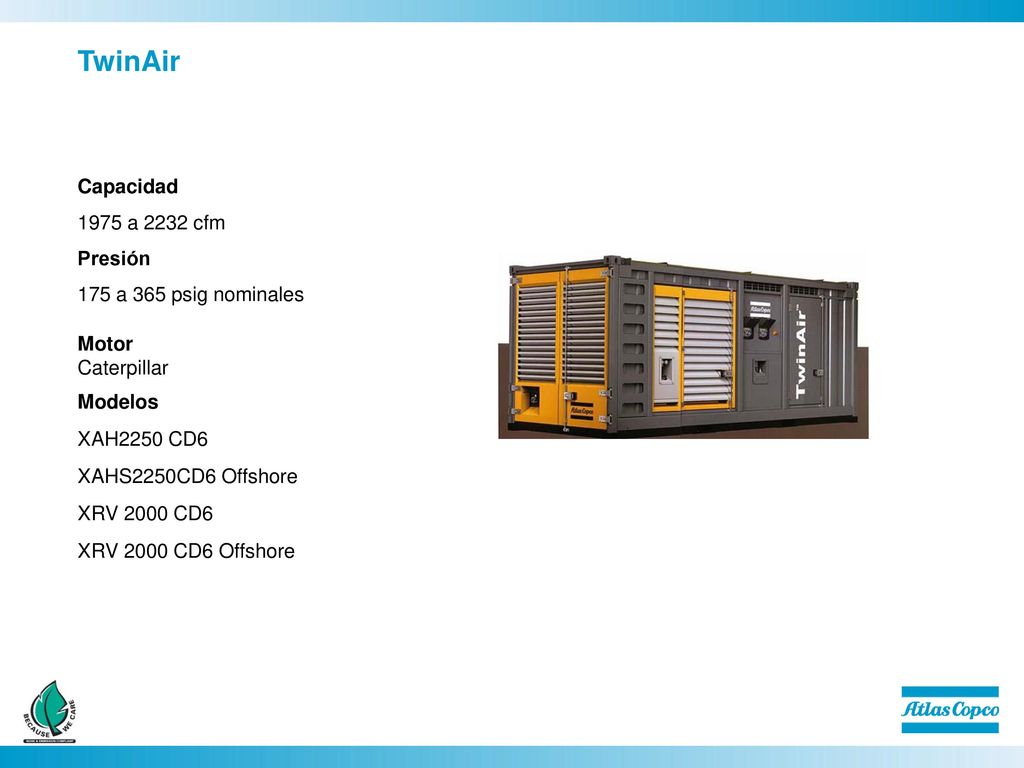 TwinAir Capacidad 1975 a 2232 cfm Presión 175 a 365 psig nominales