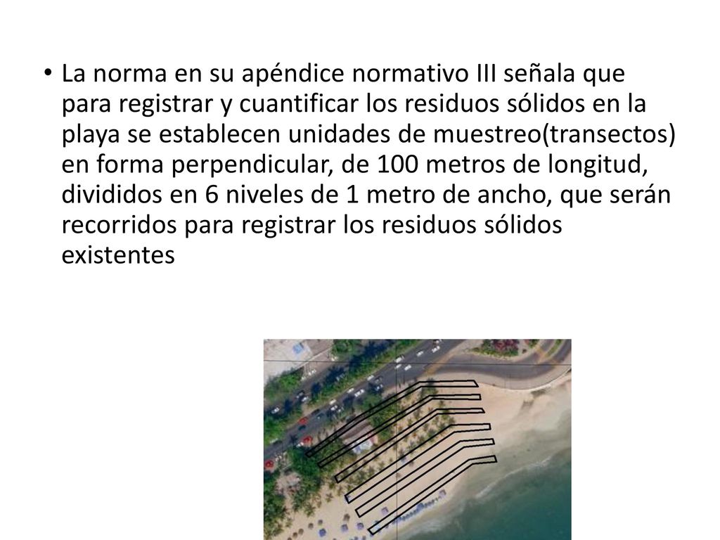La norma en su apéndice normativo III señala que para registrar y cuantificar los residuos sólidos en la playa se establecen unidades de muestreo(transectos) en forma perpendicular, de 100 metros de longitud, divididos en 6 niveles de 1 metro de ancho, que serán recorridos para registrar los residuos sólidos existentes
