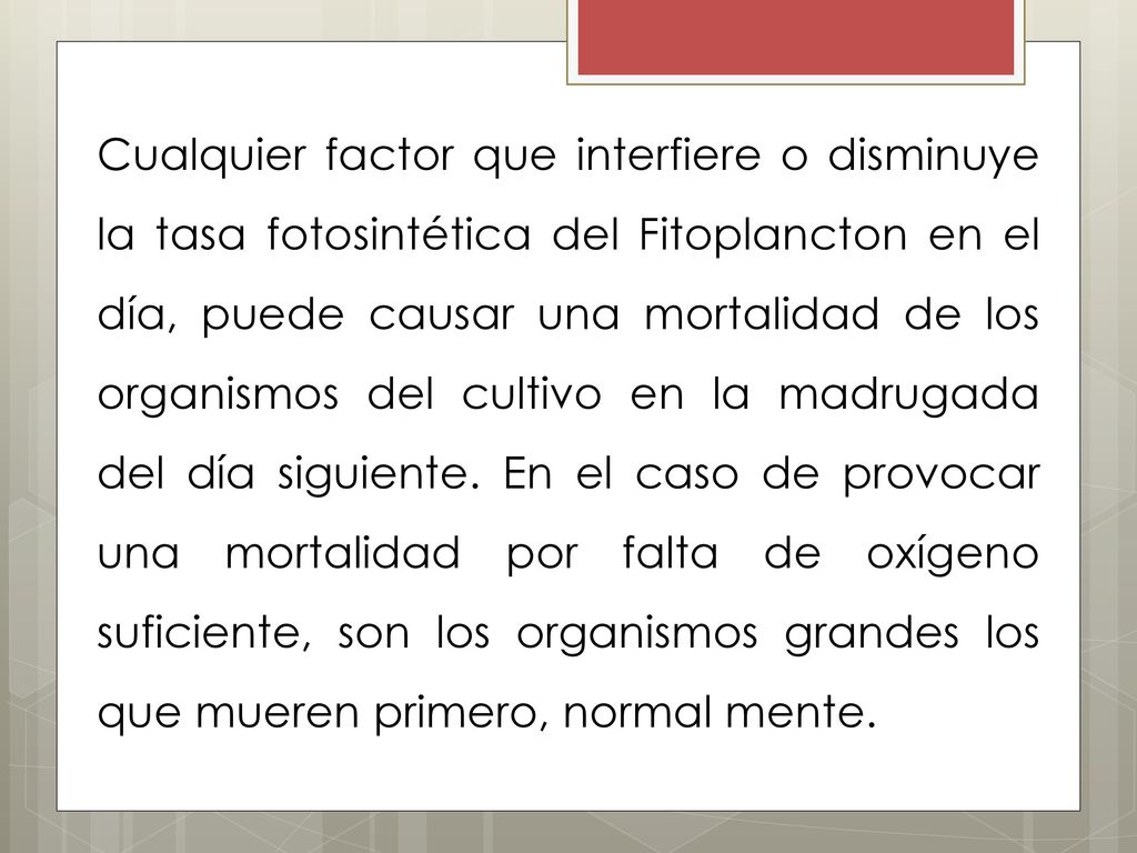 Cualquier factor que interfiere o disminuye la tasa fotosintética del Fitoplancton en el día, puede causar una mortalidad de los organismos del cultivo en la madrugada del día siguiente.