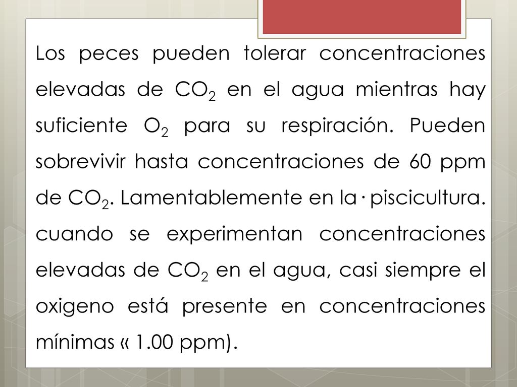 Los peces pueden tolerar concentraciones elevadas de CO2 en el agua mientras hay suficiente O2 para su respiración.