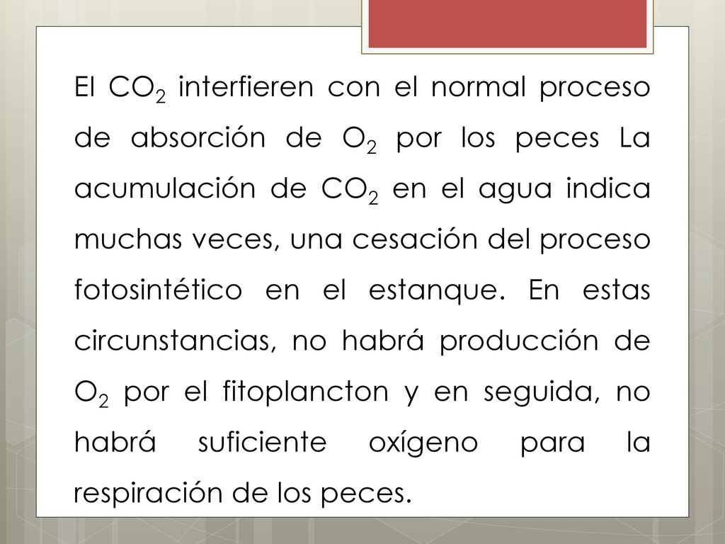 EI CO2 interfieren con el normal proceso de absorción de O2 por los peces La acumulación de CO2 en el agua indica muchas veces, una cesación del proceso fotosintético en el estanque.