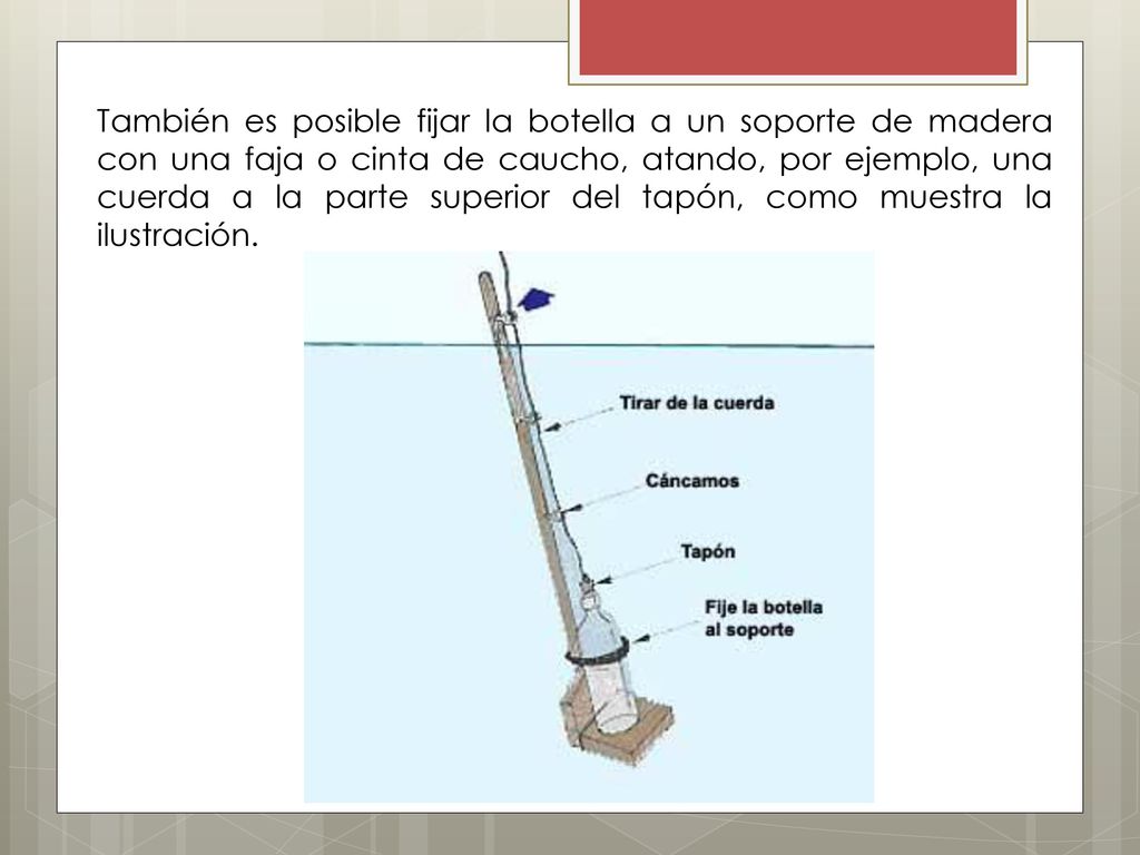 También es posible fijar la botella a un soporte de madera con una faja o cinta de caucho, atando, por ejemplo, una cuerda a la parte superior del tapón, como muestra la ilustración.