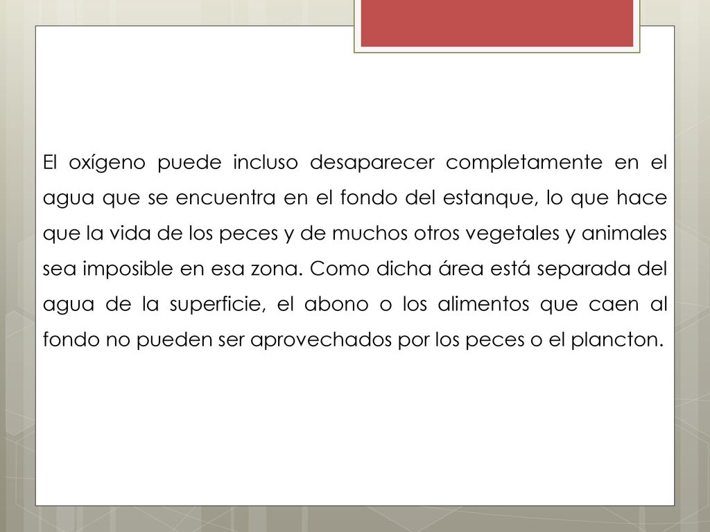 El oxígeno puede incluso desaparecer completamente en el agua que se encuentra en el fondo del estanque, lo que hace que la vida de los peces y de muchos otros vegetales y animales sea imposible en esa zona.