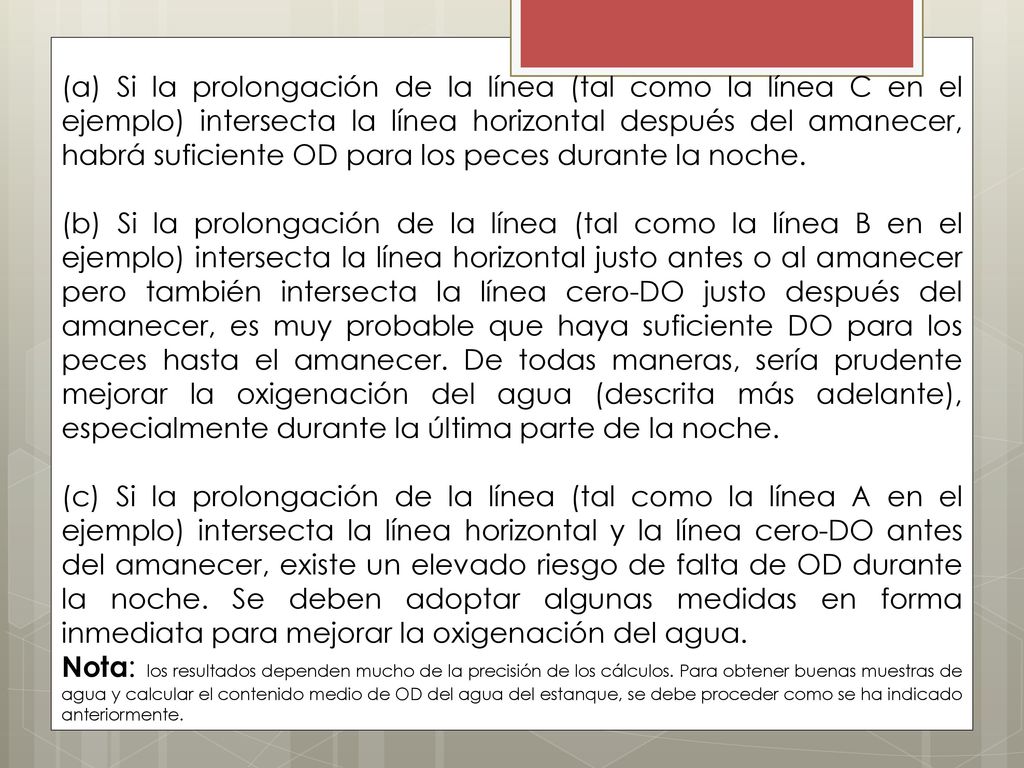 (a) Si la prolongación de la línea (tal como la línea C en el ejemplo) intersecta la línea horizontal después del amanecer, habrá suficiente OD para los peces durante la noche.