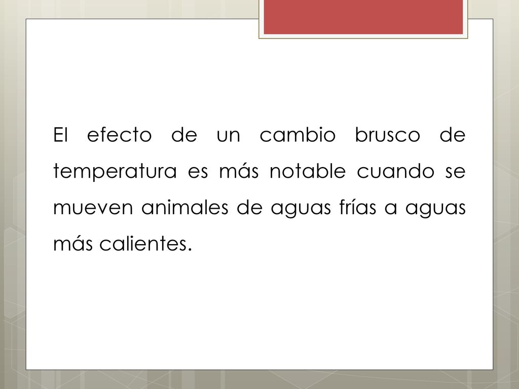 EI efecto de un cambio brusco de temperatura es más notable cuando se mueven animales de aguas frías a aguas más calientes.