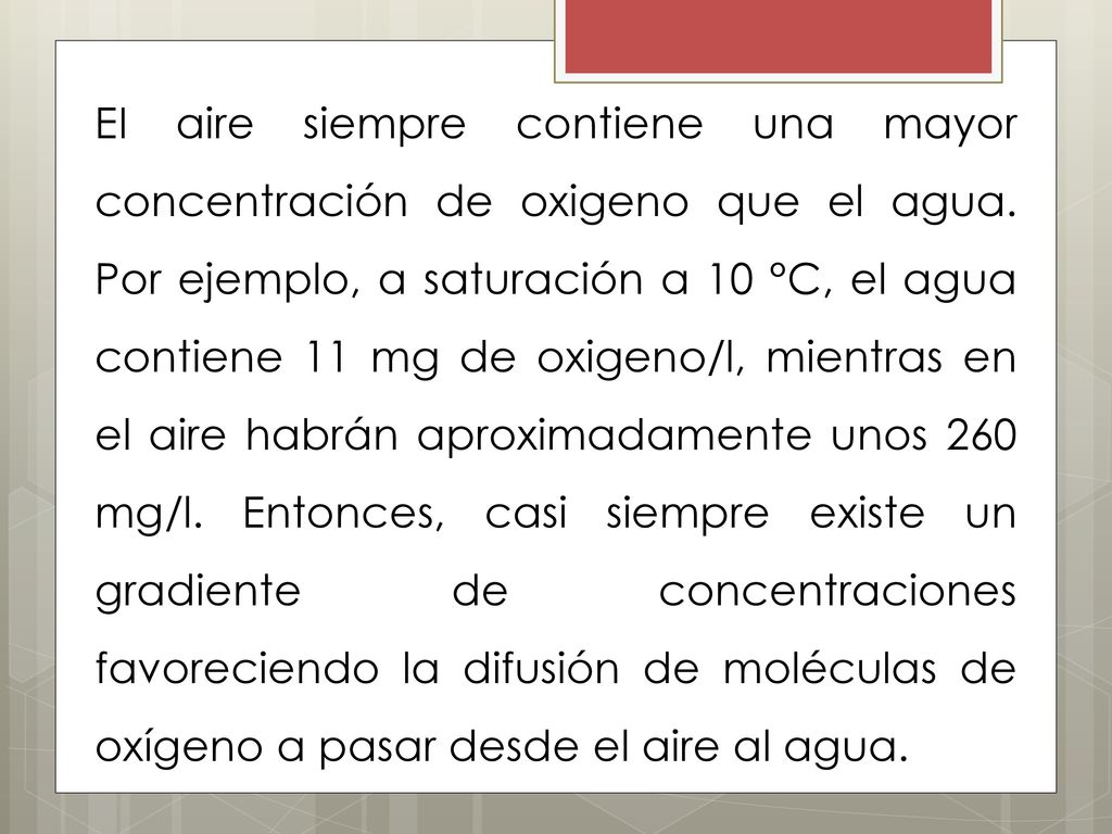 EI aire siempre contiene una mayor concentración de oxigeno que el agua.
