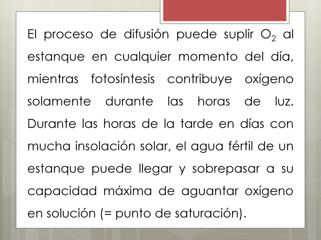 EI proceso de difusión puede suplir O2 al estanque en cualquier momento del día, mientras fotosíntesis contribuye oxígeno solamente durante las horas de luz.