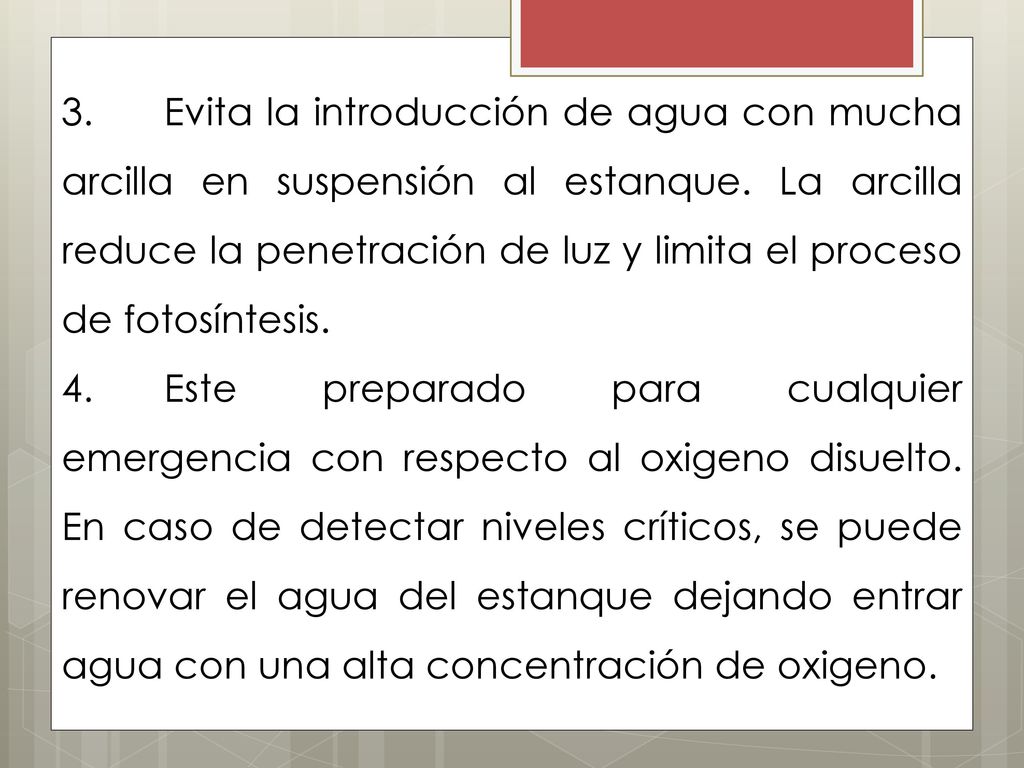 3. Evita la introducción de agua con mucha arcilla en suspensión al estanque. La arcilla reduce la penetración de luz y limita el proceso de fotosíntesis.