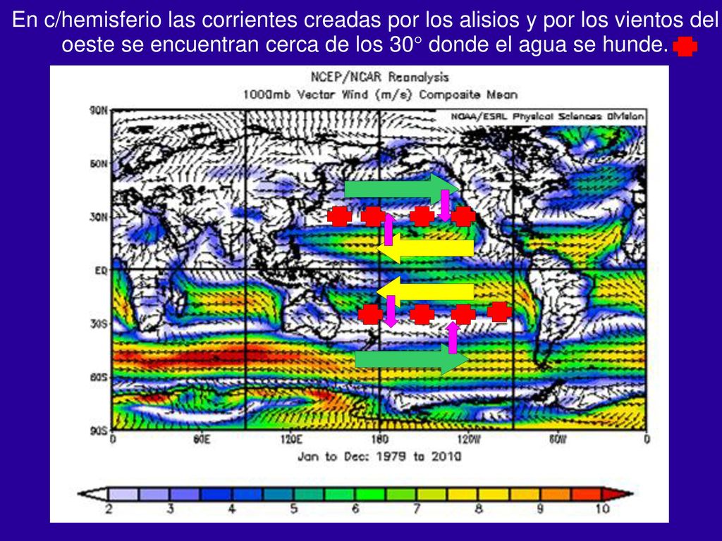 En c/hemisferio las corrientes creadas por los alisios y por los vientos del oeste se encuentran cerca de los 30° donde el agua se hunde.