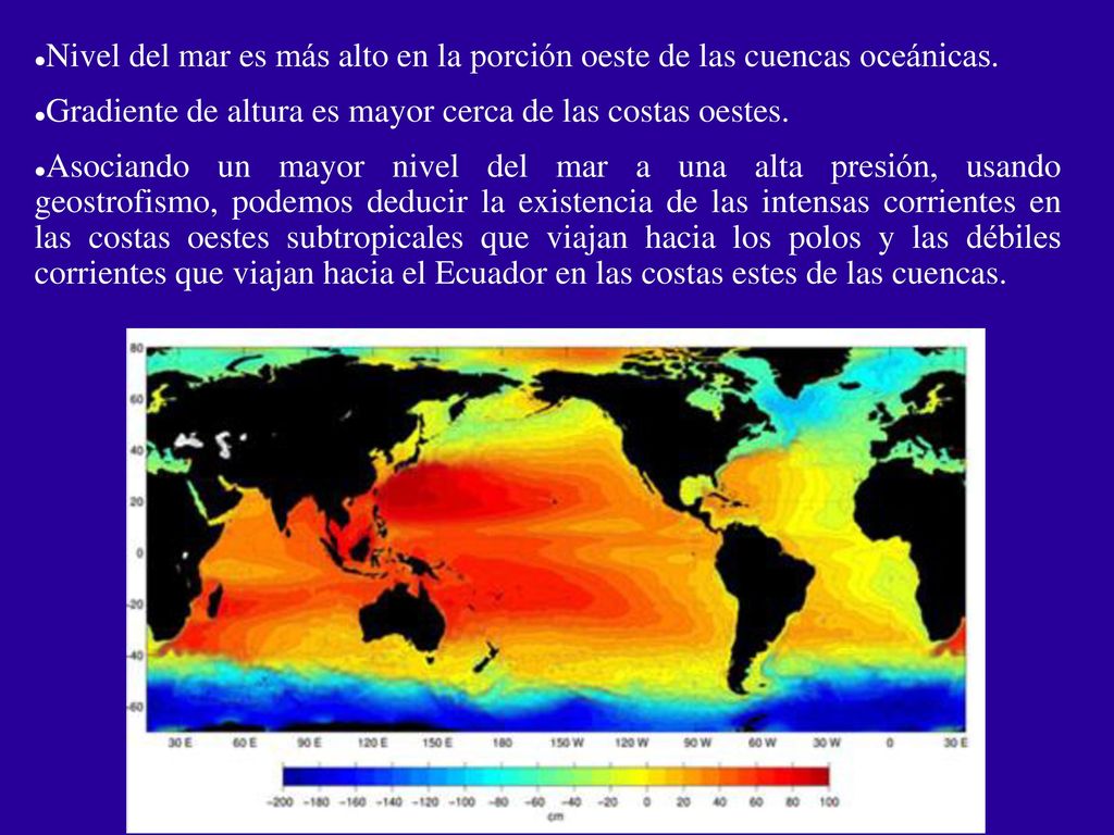 Nivel del mar es más alto en la porción oeste de las cuencas oceánicas.