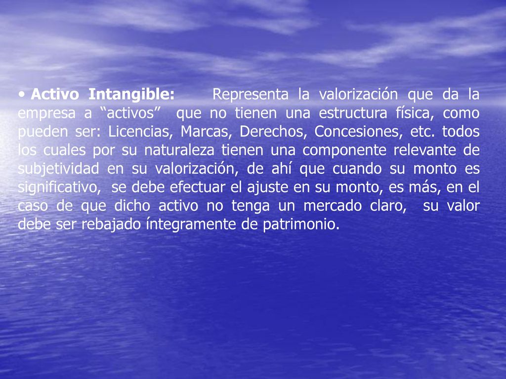 Activo Intangible: Representa la valorización que da la empresa a activos que no tienen una estructura física, como pueden ser: Licencias, Marcas, Derechos, Concesiones, etc.