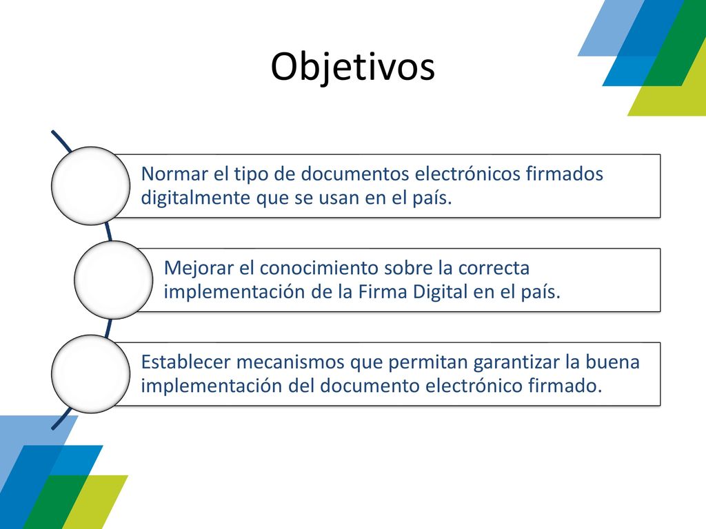 Objetivos Normar el tipo de documentos electrónicos firmados digitalmente que se usan en el país.