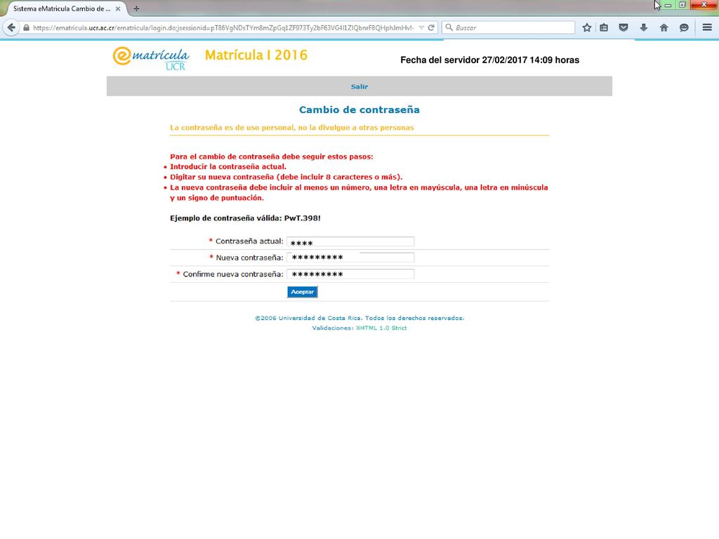 Matrícula I 2016 Fecha del servidor 27/02/ :09 horas ****