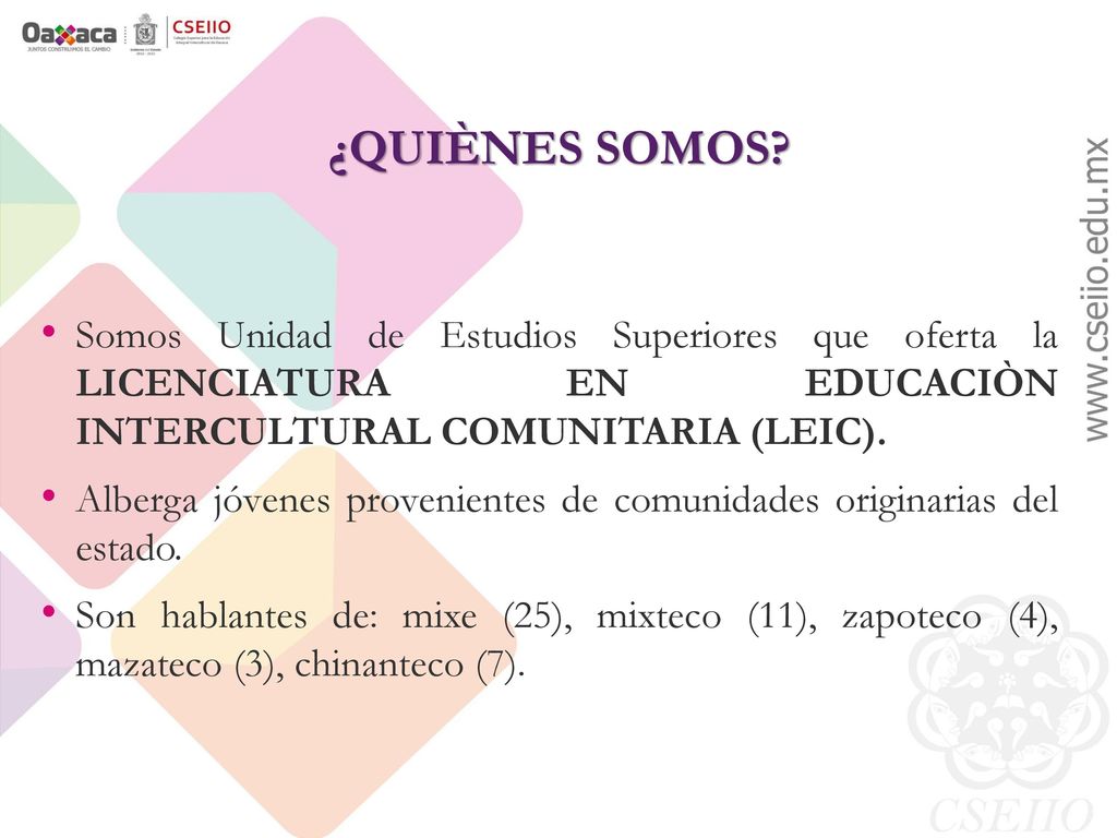 ¿QUIÈNES SOMOS Somos Unidad de Estudios Superiores que oferta la LICENCIATURA EN EDUCACIÒN INTERCULTURAL COMUNITARIA (LEIC).
