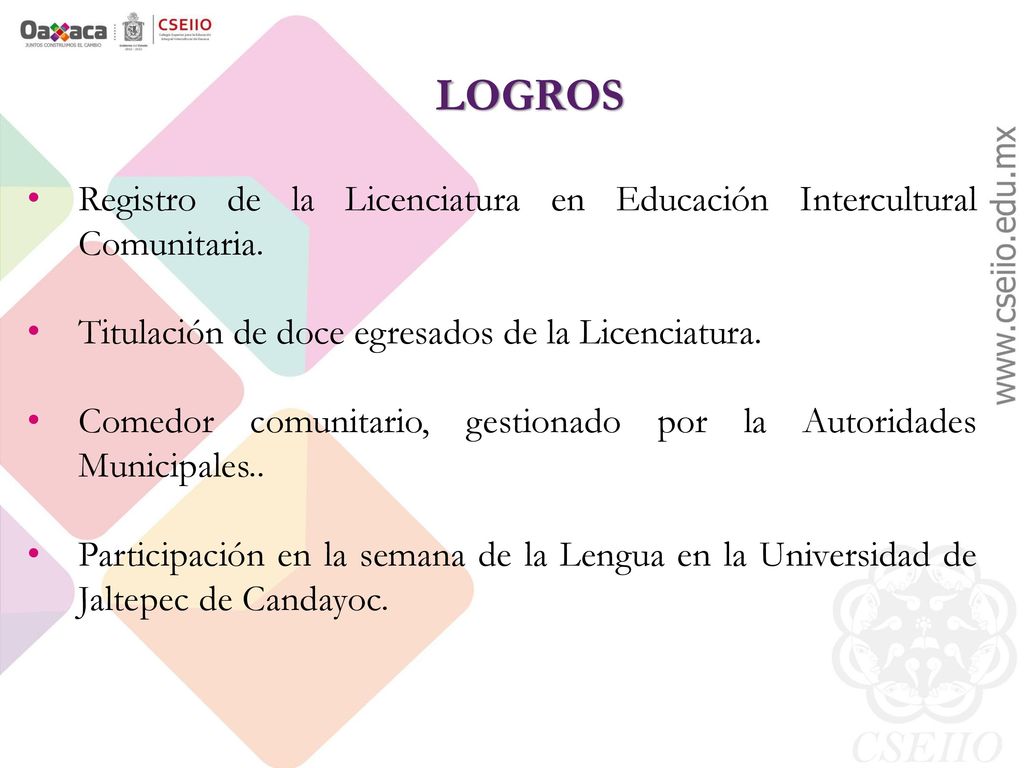 LOGROS Registro de la Licenciatura en Educación Intercultural Comunitaria. Titulación de doce egresados de la Licenciatura.