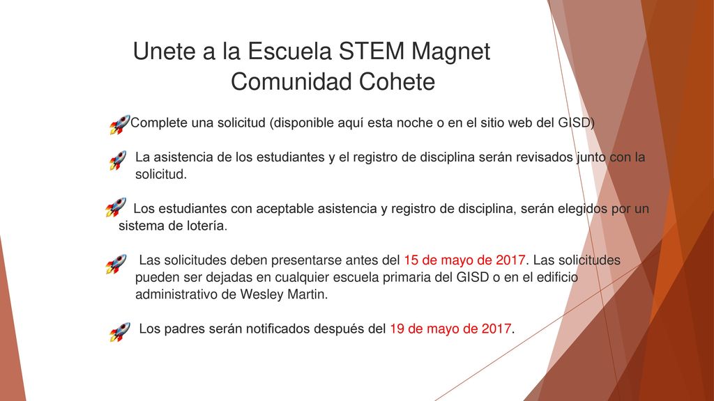 Unete a la Escuela STEM Magnet Comunidad Cohete - Complete una solicitud (disponible aquí esta noche o en el sitio web del GISD)