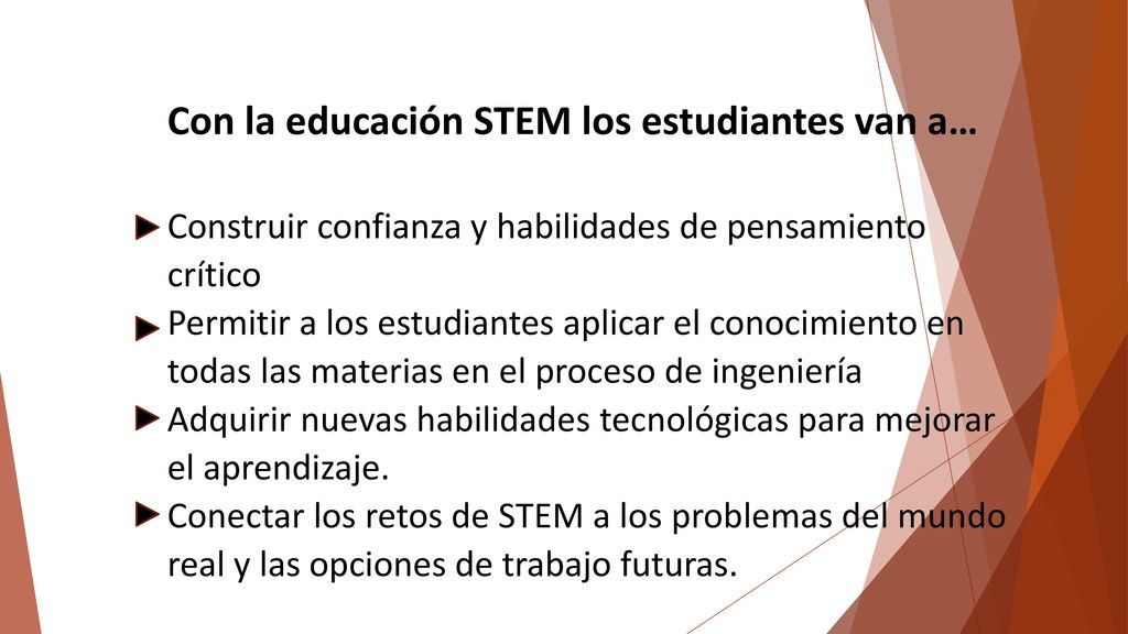 Con la educación STEM los estudiantes van a… Construir confianza y habilidades de pensamiento crítico Permitir a los estudiantes aplicar el conocimiento en todas las materias en el proceso de ingeniería Adquirir nuevas habilidades tecnológicas para mejorar el aprendizaje.