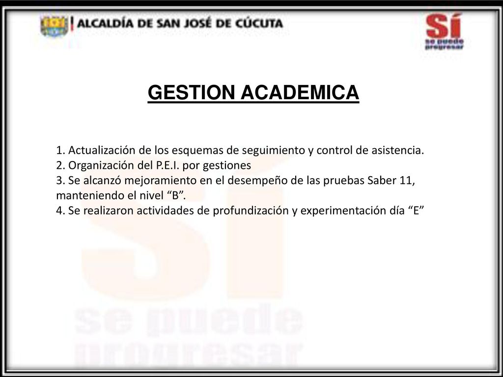 GESTION ACADEMICA 1. Actualización de los esquemas de seguimiento y control de asistencia. 2. Organización del P.E.I. por gestiones.