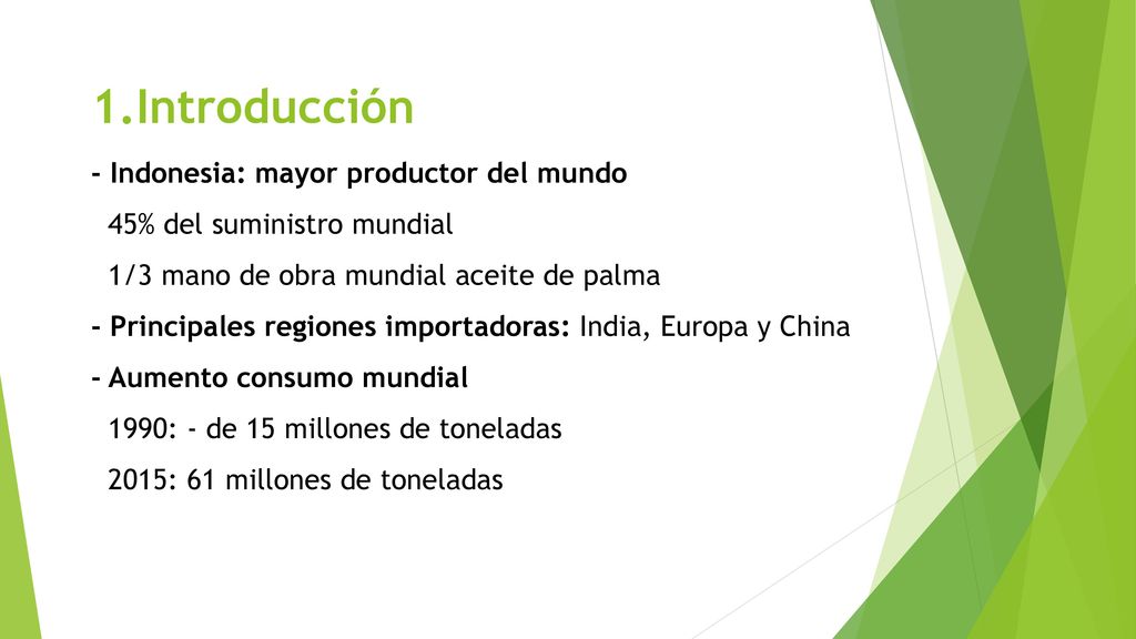 1.Introducción - Indonesia: mayor productor del mundo 45% del suministro mundial 1/3 mano de obra mundial aceite de palma - Principales regiones importadoras: India, Europa y China - Aumento consumo mundial 1990: - de 15 millones de toneladas 2015: 61 millones de toneladas