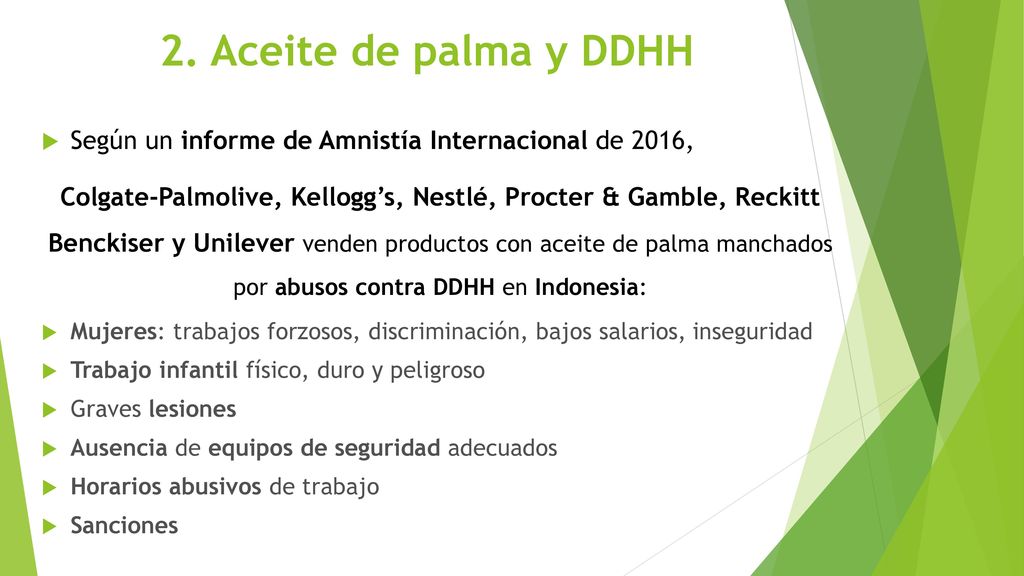 2. Aceite de palma y DDHH Según un informe de Amnistía Internacional de 2016,