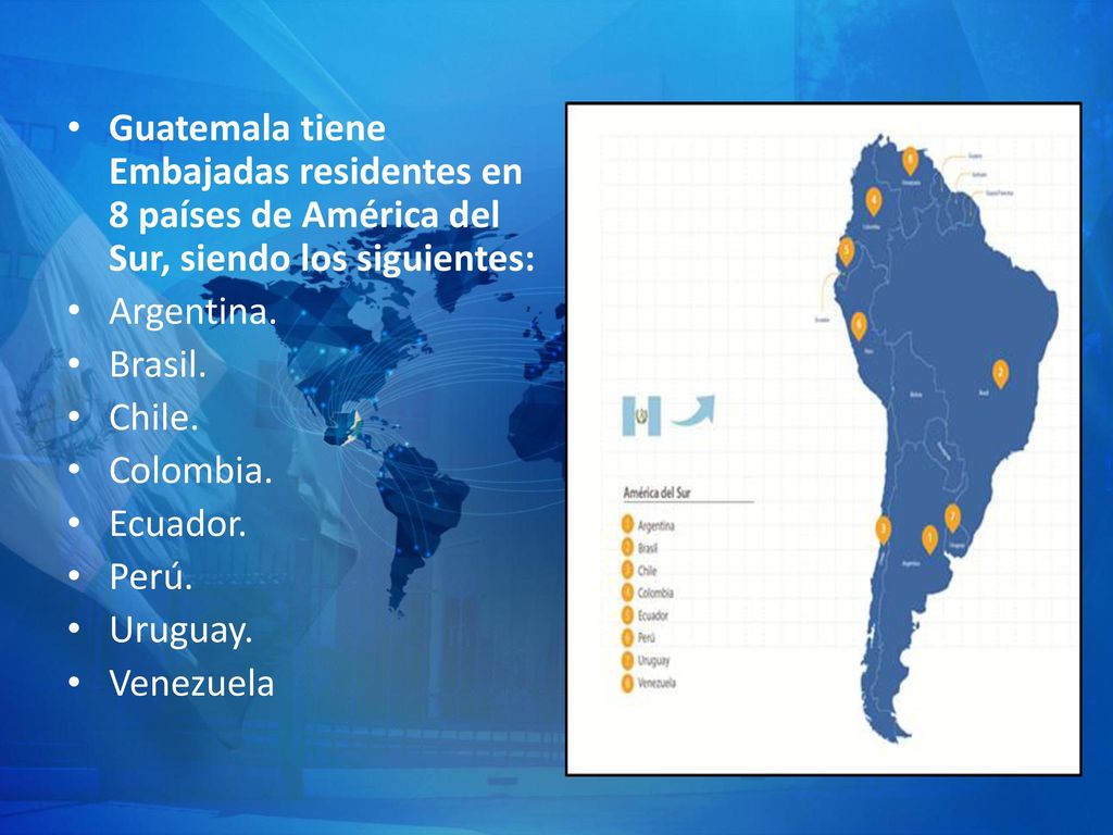 Guatemala tiene Embajadas residentes en 8 países de América del Sur, siendo los siguientes: