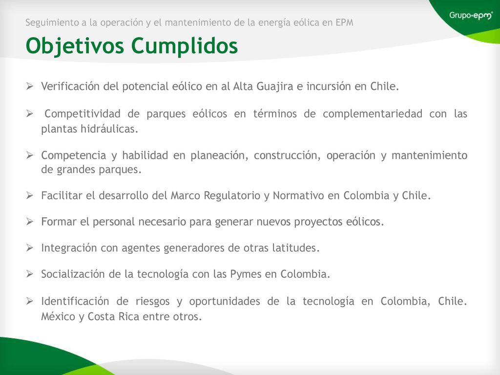 Seguimiento a la operación y el mantenimiento de la energía eólica en EPM