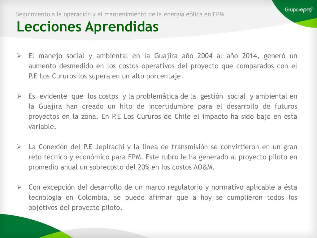 Seguimiento a la operación y el mantenimiento de la energía eólica en EPM