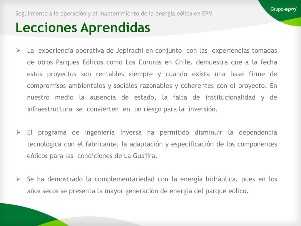 Seguimiento a la operación y el mantenimiento de la energía eólica en EPM