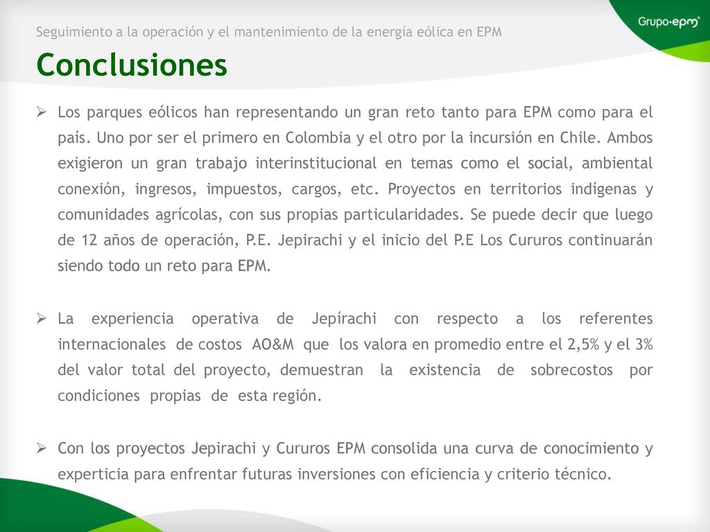 Seguimiento a la operación y el mantenimiento de la energía eólica en EPM