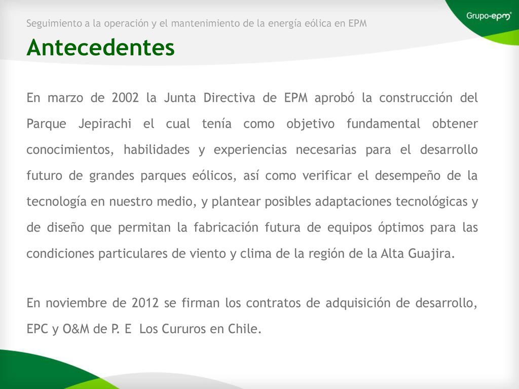 Seguimiento a la operación y el mantenimiento de la energía eólica en EPM