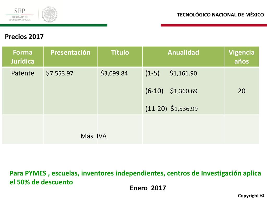 Precios 2017 Forma. Jurídica. Presentación. Título. Anualidad. Vigencia. años. Patente. $7,553.97​