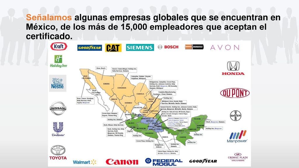Señalamos algunas empresas globales que se encuentran en México, de los más de 15,000 empleadores que aceptan el certificado.