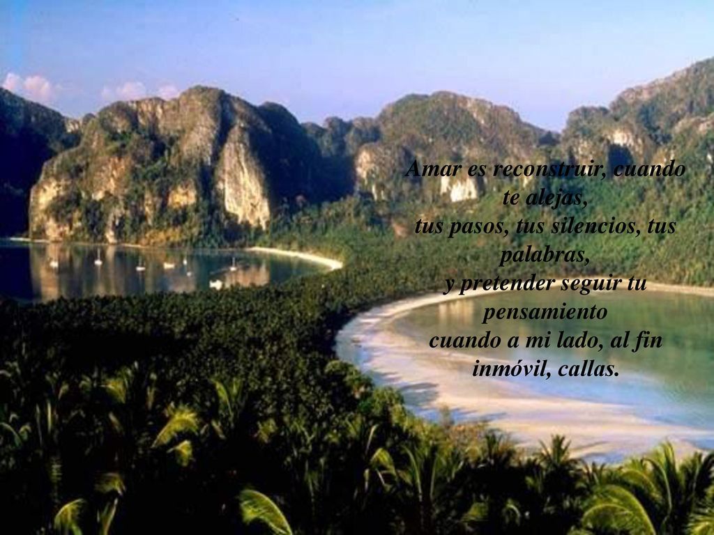Amar es reconstruir, cuando te alejas, tus pasos, tus silencios, tus palabras, y pretender seguir tu pensamiento cuando a mi lado, al fin inmóvil, callas.